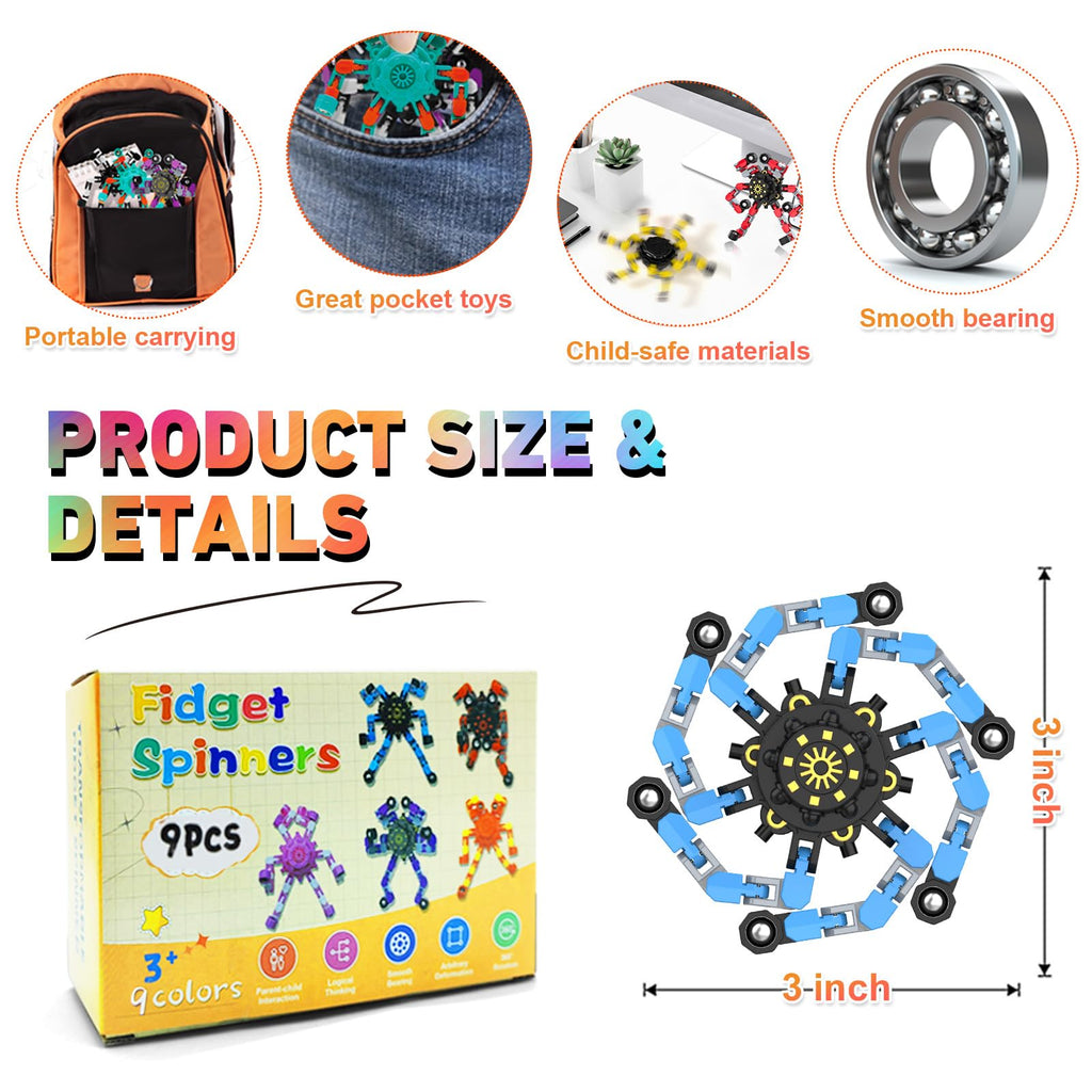 Irvotbes Transformable Fidget Spinners - 9 Pack Deformable Chain Stress Relief Toys for Kids and Adults