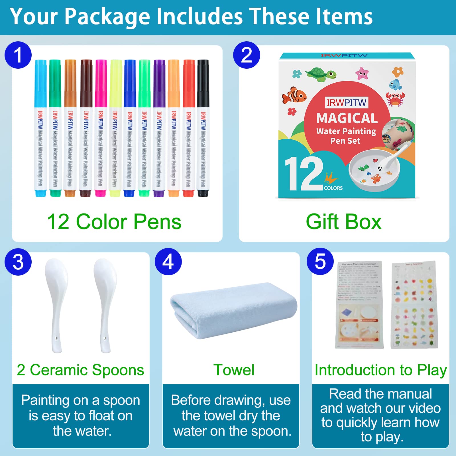 IRWPITW Magic Drawing Pen Bundle: 12 Colors Floating Ink Water Pens with Spoons & Towel for Kids