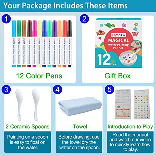 IRWPITW Magic Drawing Pen Bundle: 12 Colors Floating Ink Water Pens with Spoons & Towel for Kids