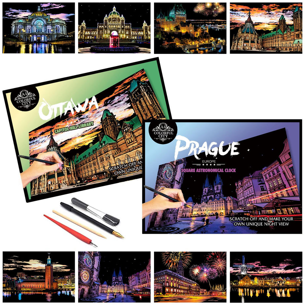 Iskueal Scratch Art for Adults – 8 A4 Cityscape Panels (Prague/Ottawa) with Tools