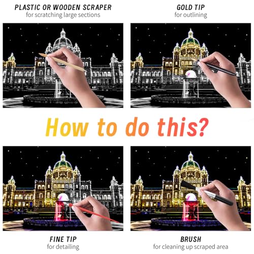 Iskueal Scratch Art for Adults – 8 A4 Cityscape Panels (Prague/Ottawa) with Tools