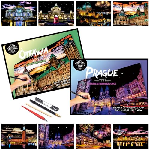 Iskueal Scratch Art for Adults – 8 A4 Cityscape Panels (Prague/Ottawa) with Tools