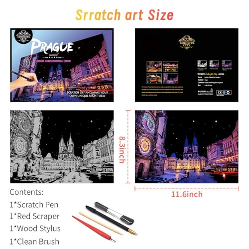 Iskueal Scratch Art for Adults – 8 A4 Cityscape Panels (Prague/Ottawa) with Tools