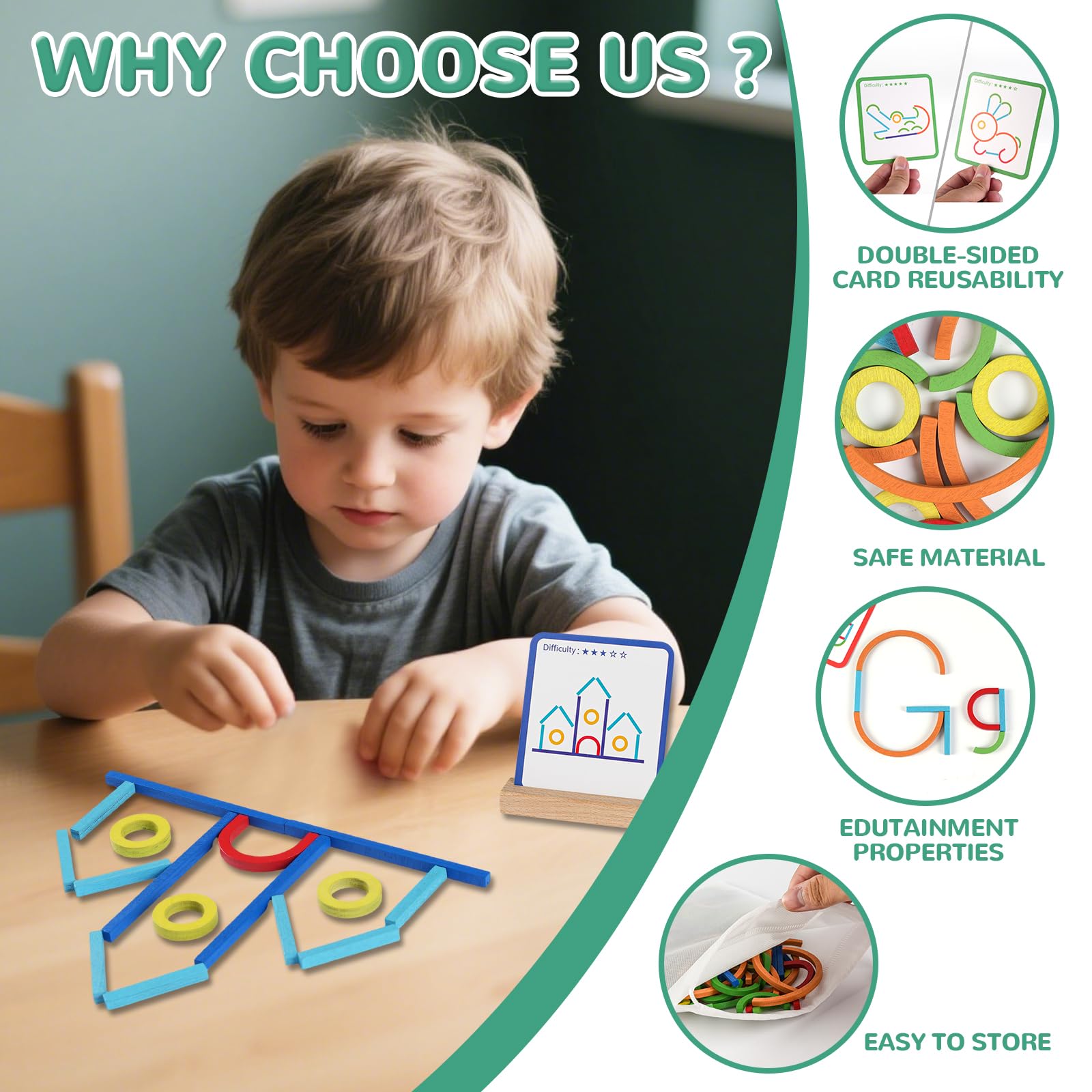 ISMETACU Montessori Wooden STEM Puzzle Toy – Ages 3-6 Fine Motor Skills & Shape Matching