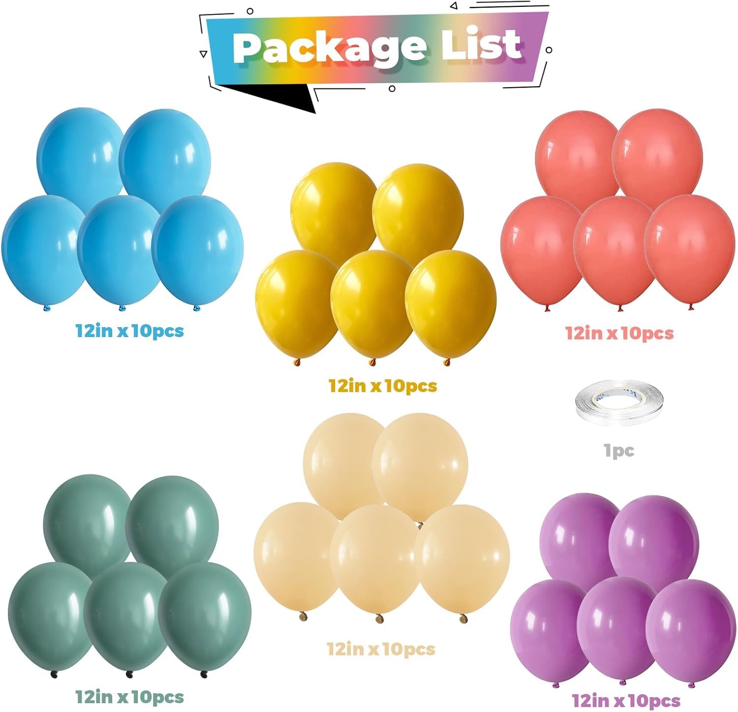 Isndare 60-Pack Rainbow Latex Balloons 12-Inch Assorted Colors for Party Decorations
