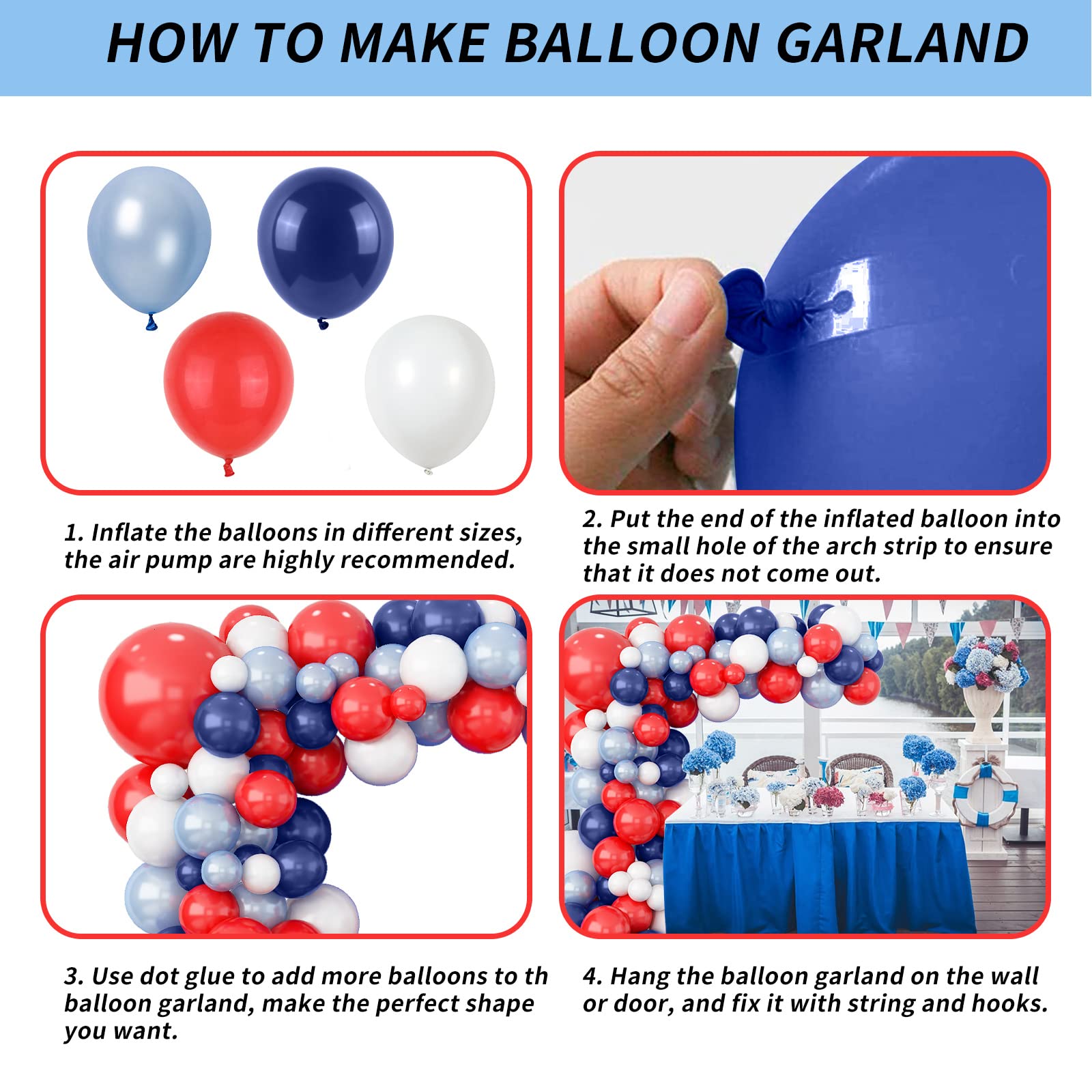Isndare Red Blue White Balloon Arch Kit - 104 Latex Balloons with Strip & Glue for Baseball, Nautical, 4th of July Party Decor