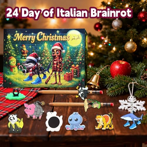 Italian Brainrot Advent Calendar 24 Days Countdown with Meme-Style Figurines – Pencil Toppers, Keychains & Magnets for Kids Ages 3+