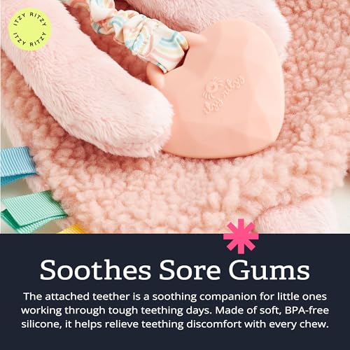 Itzy Ritzy Pink Bunny Lovey with Silicone Teether – Soft Sherpa & Minky Baby Security Blanket