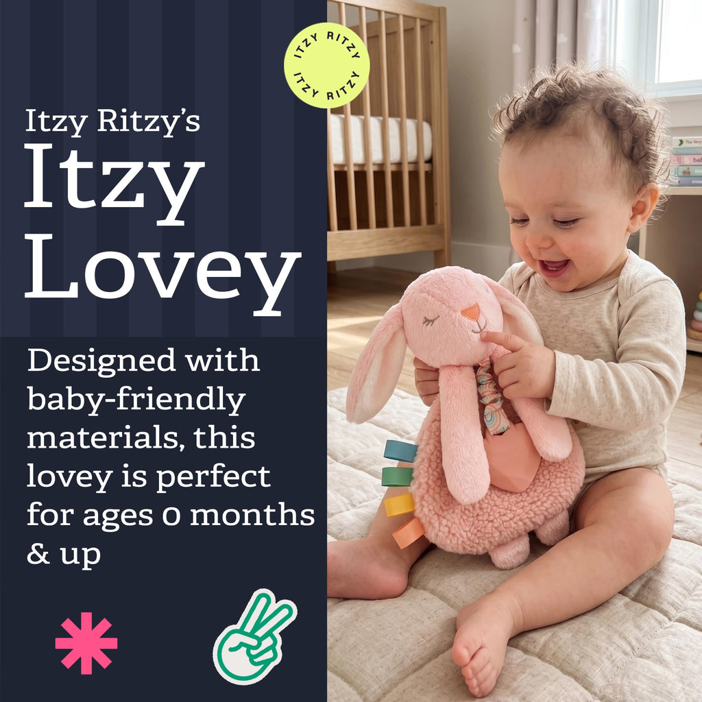 Itzy Ritzy Pink Bunny Lovey with Silicone Teether – Soft Sherpa & Minky Baby Security Blanket