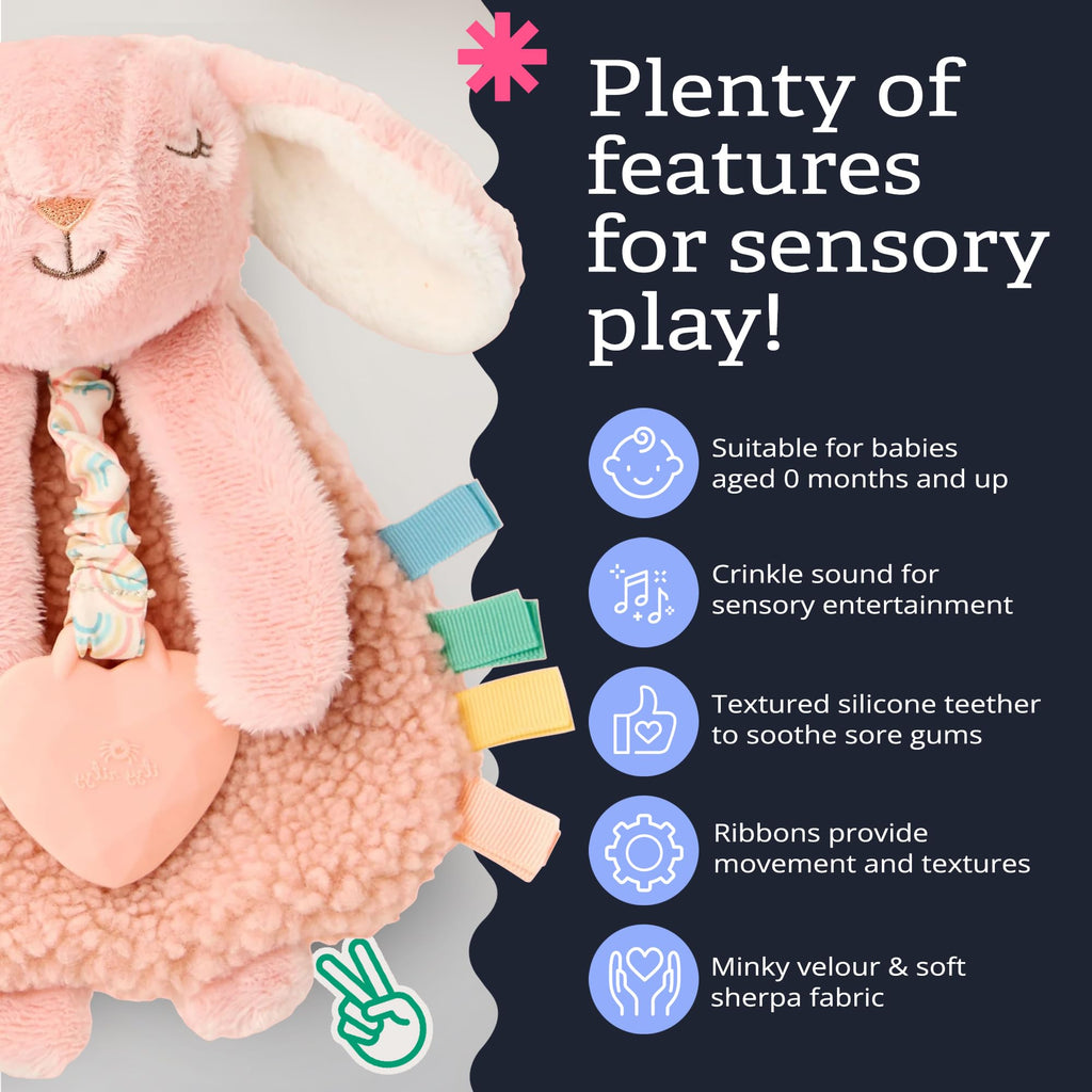 Itzy Ritzy Pink Bunny Lovey with Silicone Teether – Soft Sherpa & Minky Baby Security Blanket