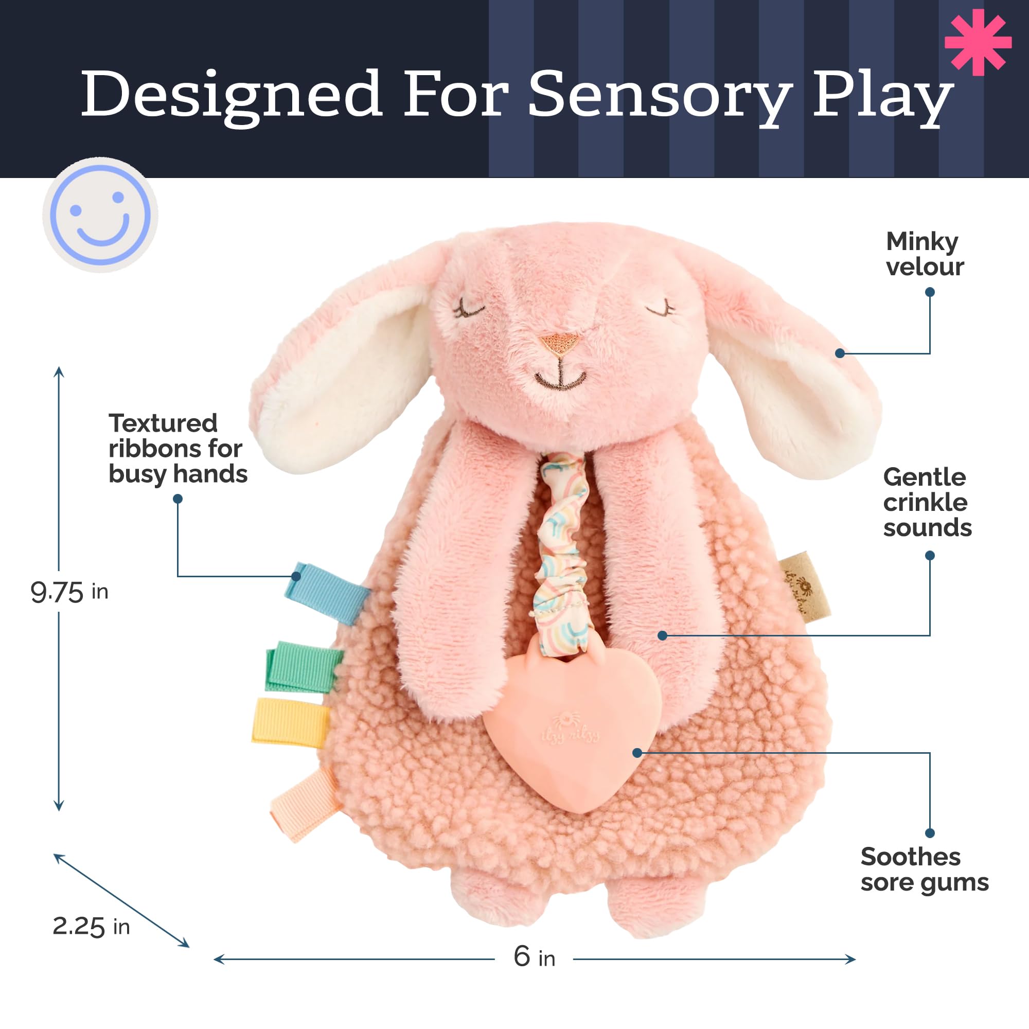 Itzy Ritzy Pink Bunny Lovey with Silicone Teether – Soft Sherpa & Minky Baby Security Blanket