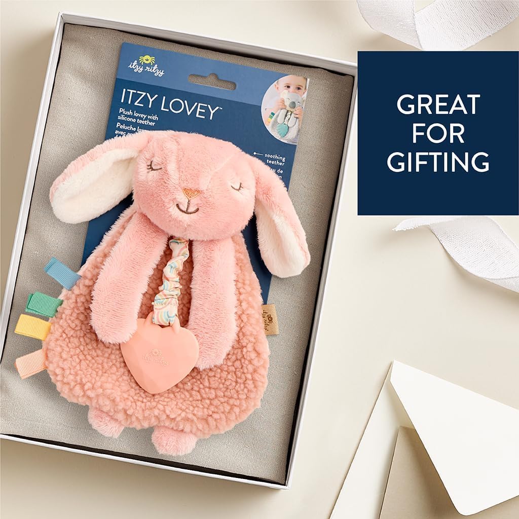 Itzy Ritzy Pink Bunny Lovey with Silicone Teether – Soft Sherpa & Minky Baby Security Blanket