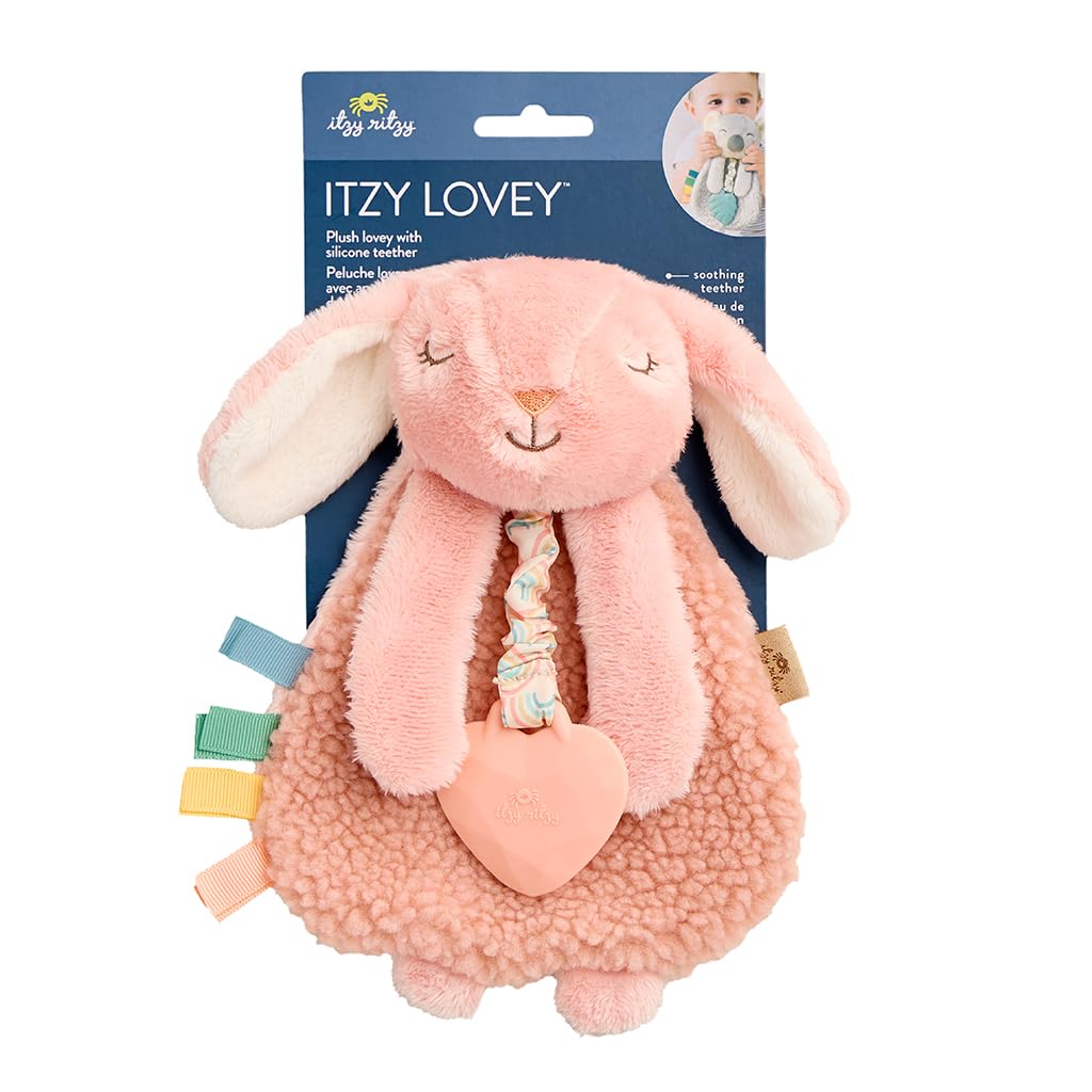Itzy Ritzy Pink Bunny Lovey with Silicone Teether – Soft Sherpa & Minky Baby Security Blanket