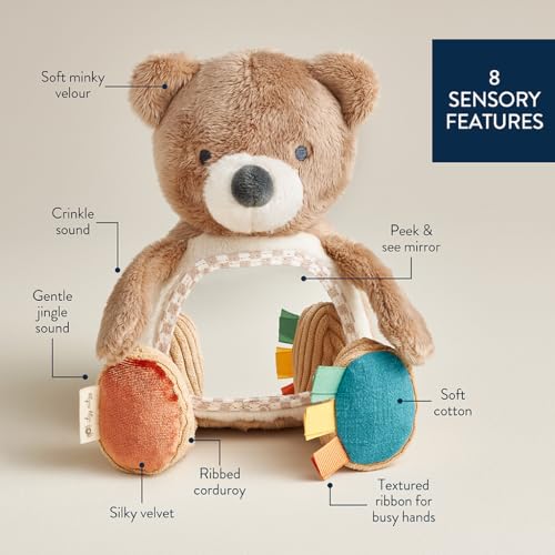 Itzy Ritzy Sensory Tummy Time Toy Mirror – Bear with Crinkle & Jingle Sounds, Textures, and Self-Discovery Mirror for Infants 0+ Months