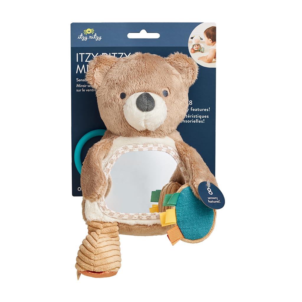 Itzy Ritzy Sensory Tummy Time Toy Mirror – Bear with Crinkle & Jingle Sounds, Textures, and Self-Discovery Mirror for Infants 0+ Months