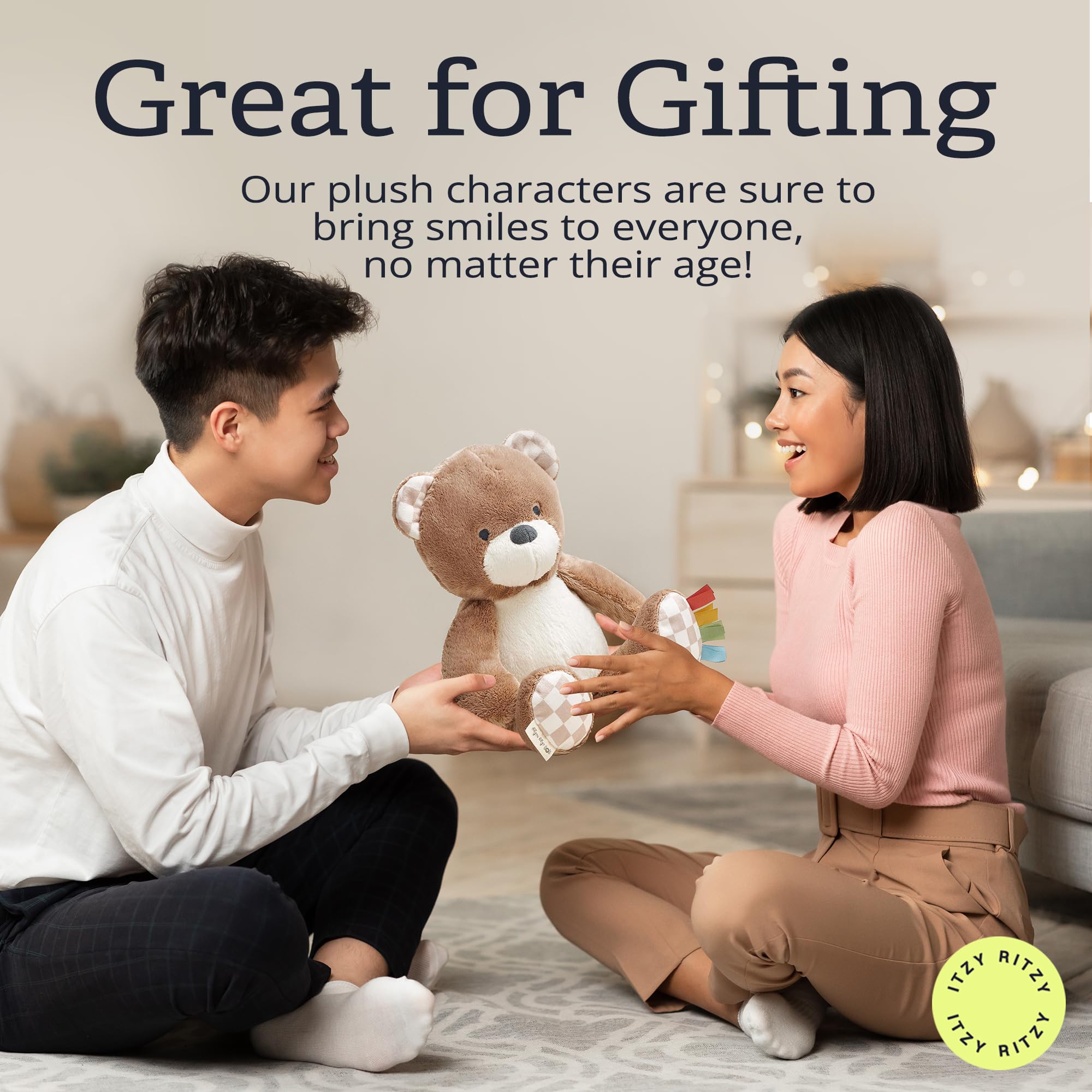 Itzy Ritzy Snuggles Plush Bear – Soft Sensory Toy with Ribbons for Newborns & Up