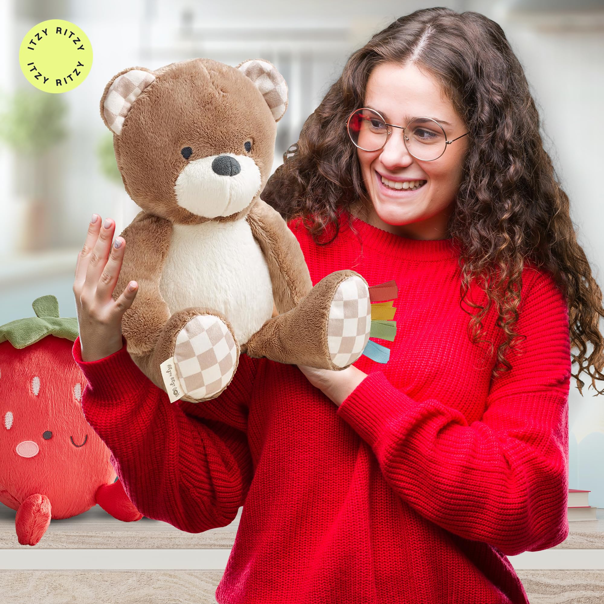 Itzy Ritzy Snuggles Plush Bear – Soft Sensory Toy with Ribbons for Newborns & Up