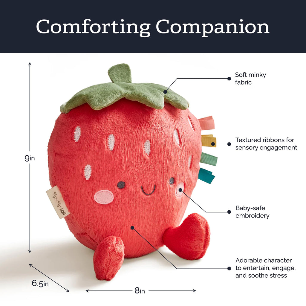 Itzy Ritzy Snuggles Plush Toy – Soft Strawberry Stuffed Animal with Sensory Ribbons for Babies & Up