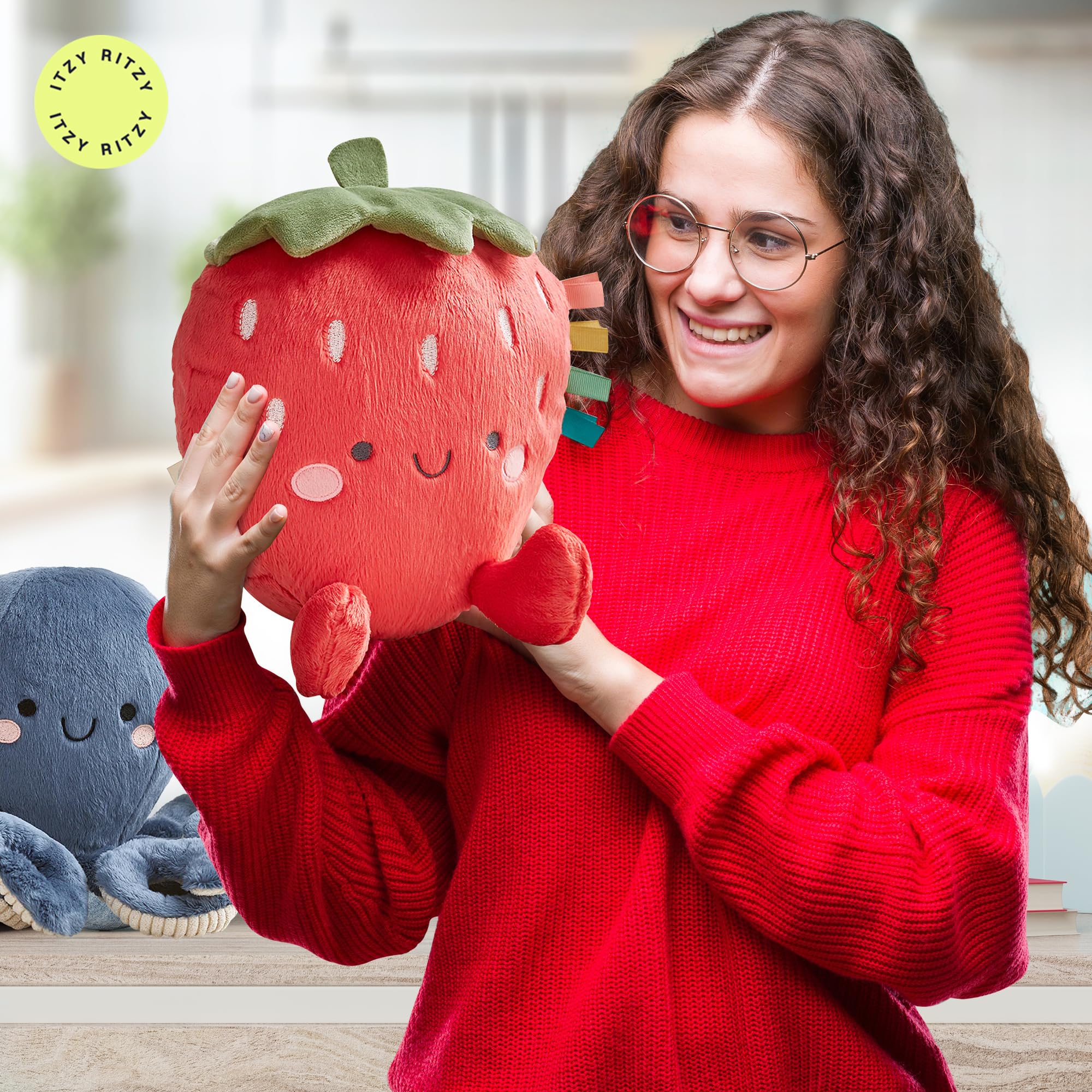 Itzy Ritzy Snuggles Plush Toy – Soft Strawberry Stuffed Animal with Sensory Ribbons for Babies & Up