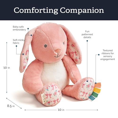 Itzy Ritzy Snuggleverse Pink Bunny Plush – Soft Minky Stuffed Animal with Sensory Ribbons for Babies & Up