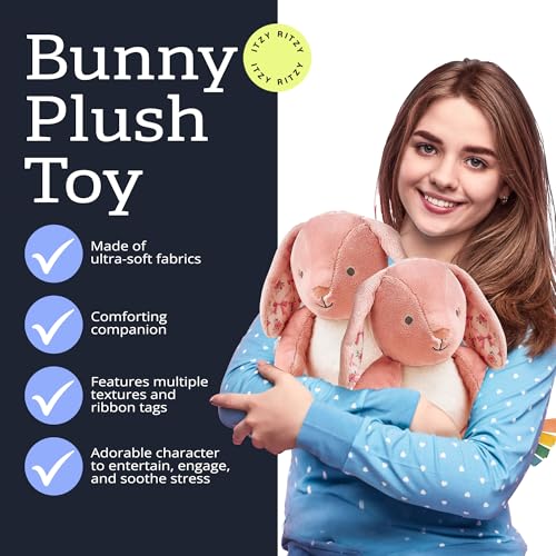 Itzy Ritzy Snuggleverse Pink Bunny Plush – Soft Minky Stuffed Animal with Sensory Ribbons for Babies & Up