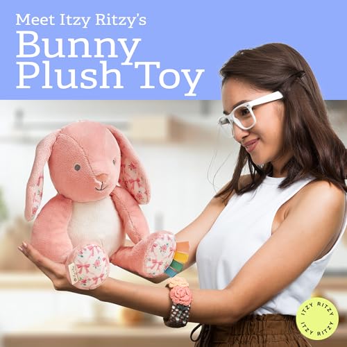 Itzy Ritzy Snuggleverse Pink Bunny Plush – Soft Minky Stuffed Animal with Sensory Ribbons for Babies & Up