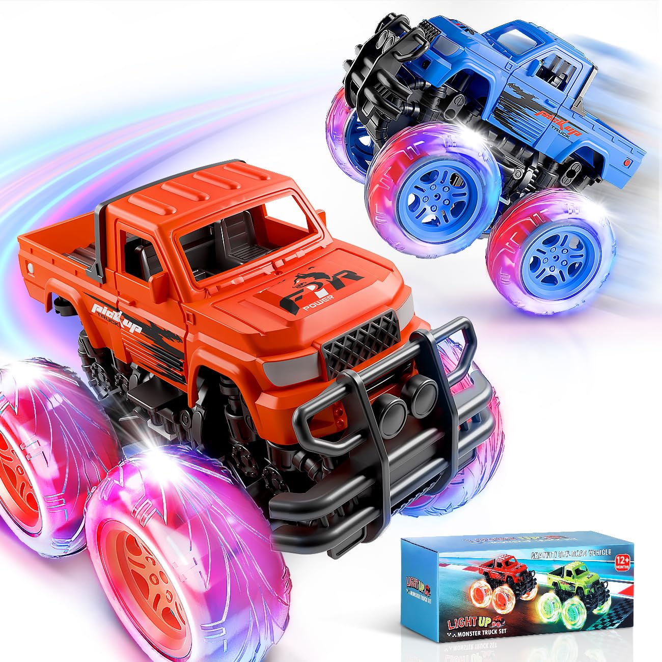 iValea Light-Up Monster Trucks 2-Pack: Pull-Back Toy Cars with LED Wheels for Toddlers Ages 3-6