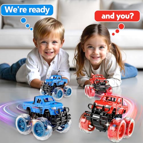 iValea Light-Up Monster Trucks 2-Pack: Pull-Back Toy Cars with LED Wheels for Toddlers Ages 3-6