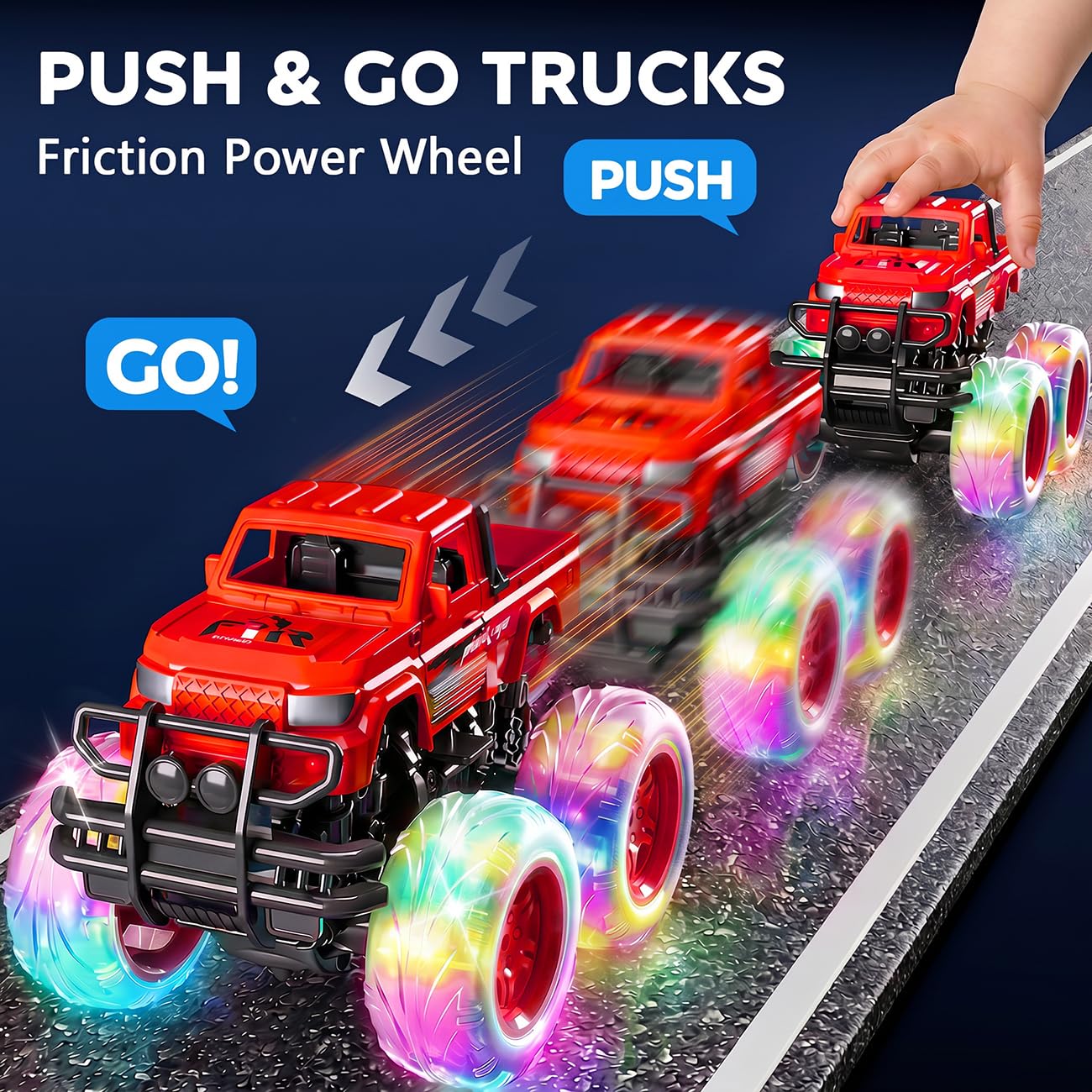 iValea Light-Up Monster Trucks 2-Pack: Pull-Back Toy Cars with LED Wheels for Toddlers Ages 3-6