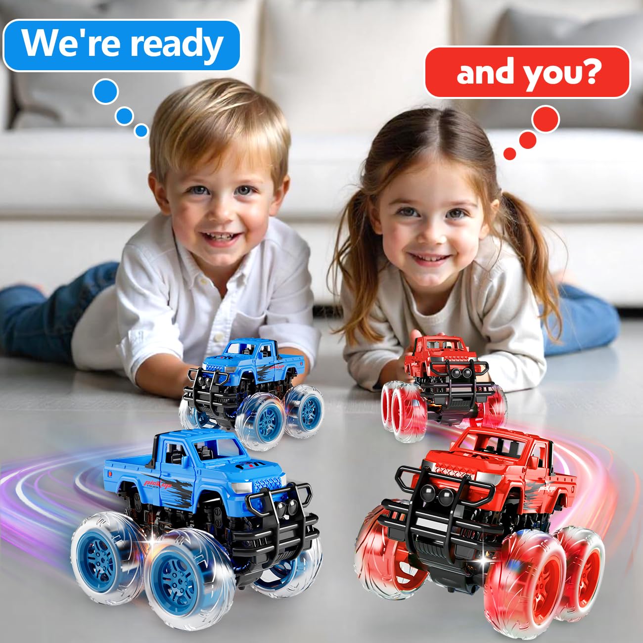 iValea Light-Up Monster Trucks 2-Pack: Pull-Back Toy Cars with LED Wheels for Toddlers Ages 3-6