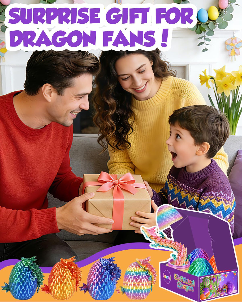 Ivrmtal 4-Pack 3D Printed Dragon Eggs with Articulated Crystal Dragons – Easter Basket Stuffers for Kids