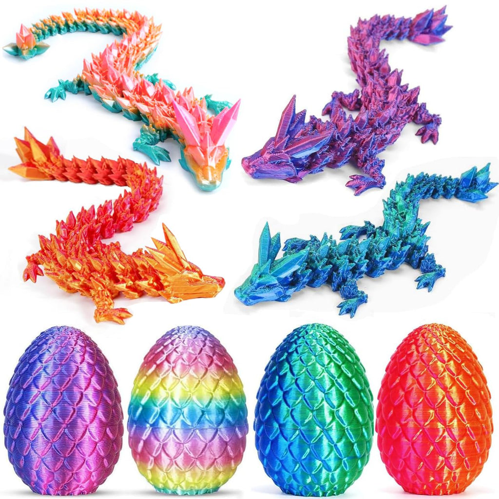 Ivrmtal 4-Pack 3D Printed Dragon Eggs with Articulated Crystal Dragons Inside - Easter Basket Stuffers for Kids