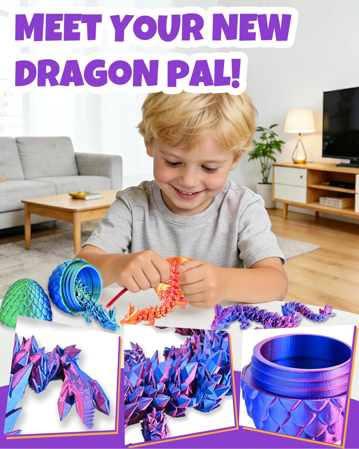 Ivrmtal 4-Pack 3D Printed Dragon Eggs with Articulated Crystal Dragons Inside - Easter Basket Stuffers for Kids