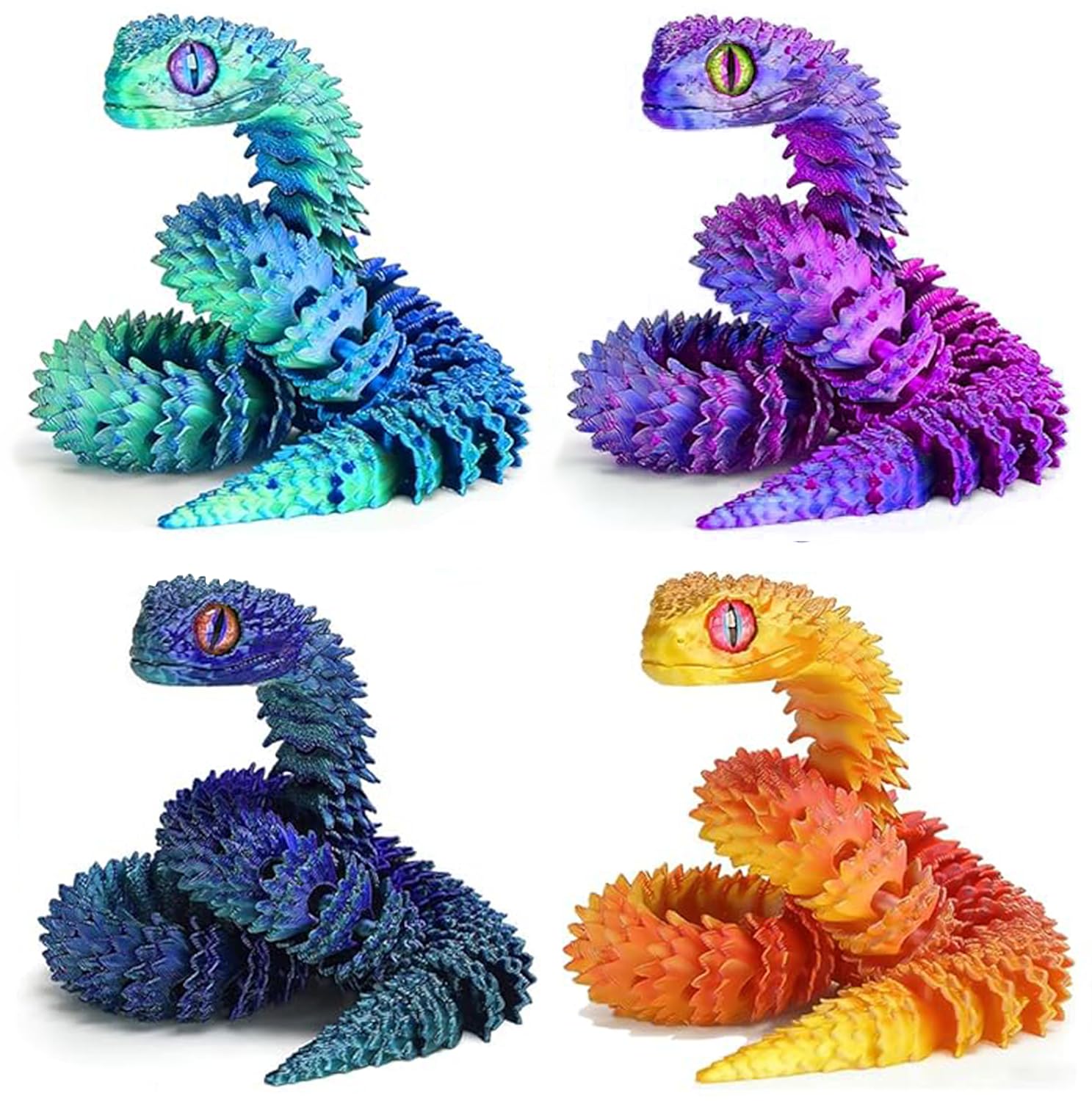 Ivrmtal 4-Pack 3D Printed Snake Toys – 12-Inch Flexible Fidget Snakes for Stress Relief and Decor