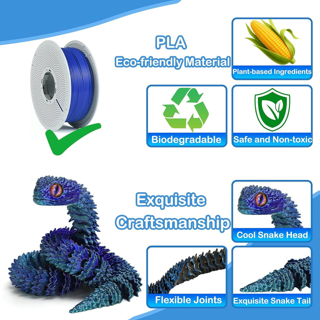 Ivrmtal 4-Pack 3D Printed Snake Toys – 12-Inch Flexible Fidget Snakes for Stress Relief and Decor