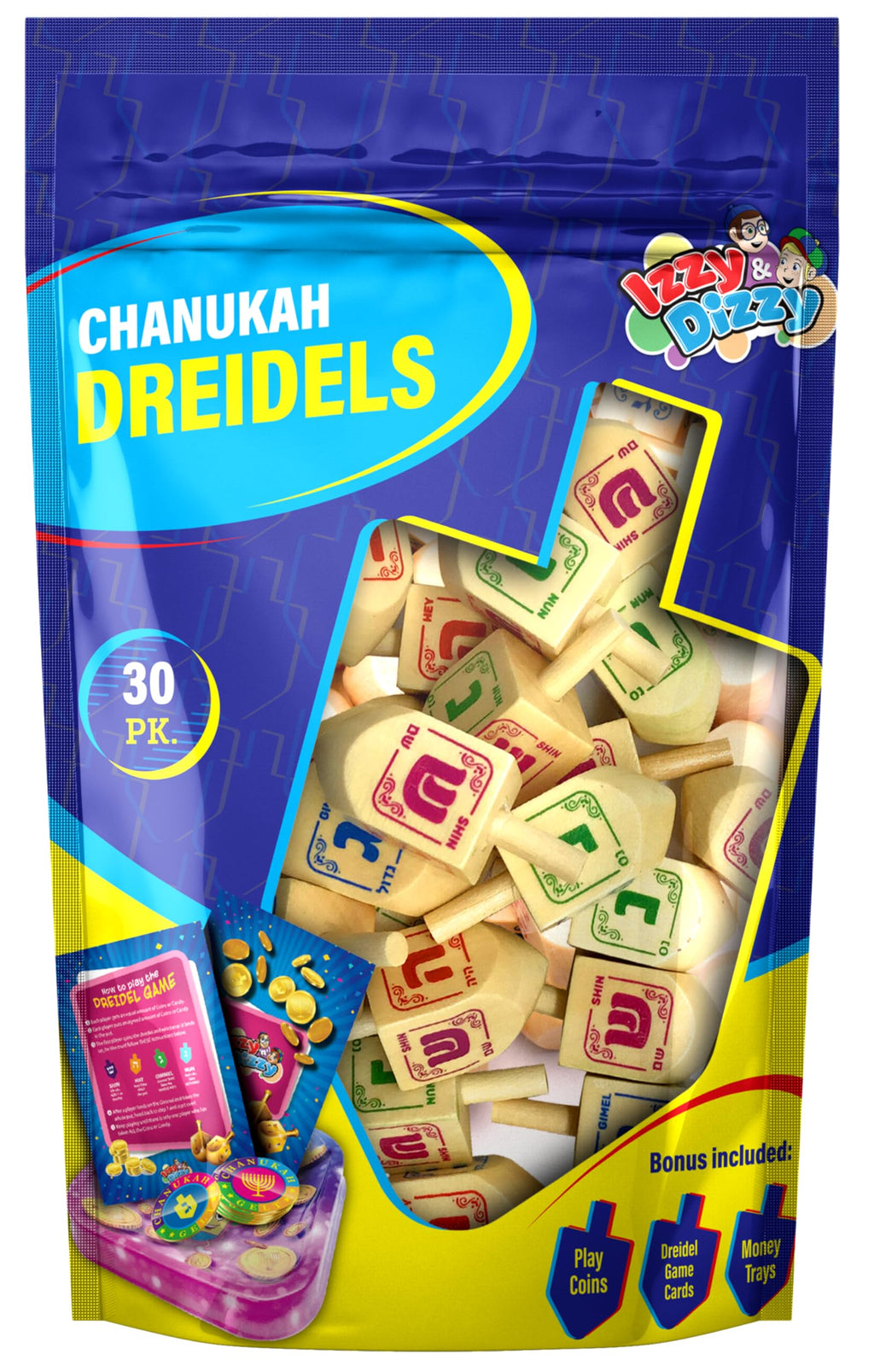 Izzy 'n' Dizzy Bulk Wood Dreidels – Pack of 30 for Chanukah Games, Party Favors, and Gift Bags