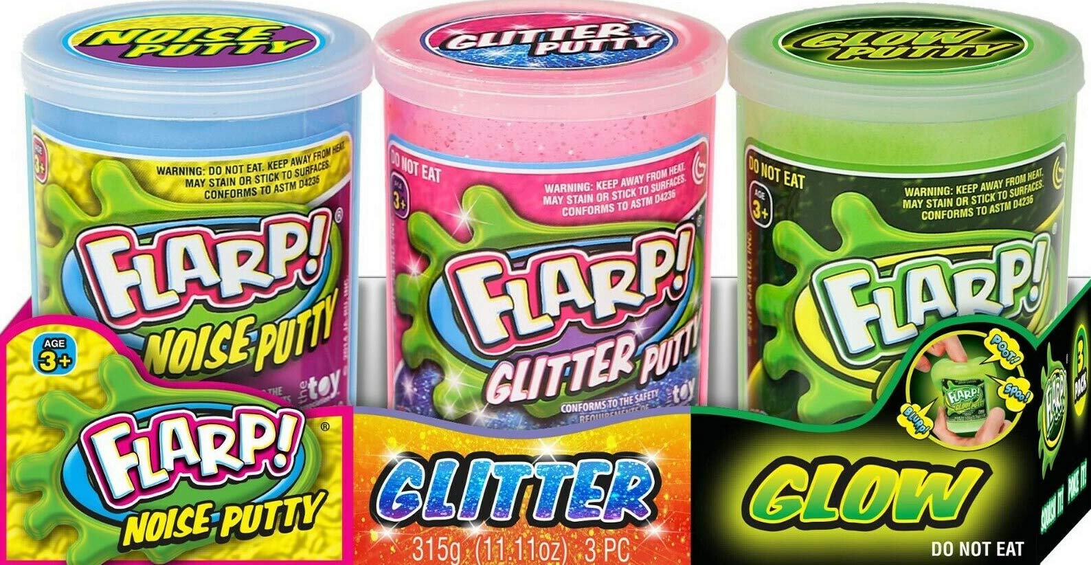 JA-RU Flarp Putty Variety Pack: Glow in the Dark, Glitter & Classic Noise Putty Fidget Toy Set (3 Units + Bouncy Ball)