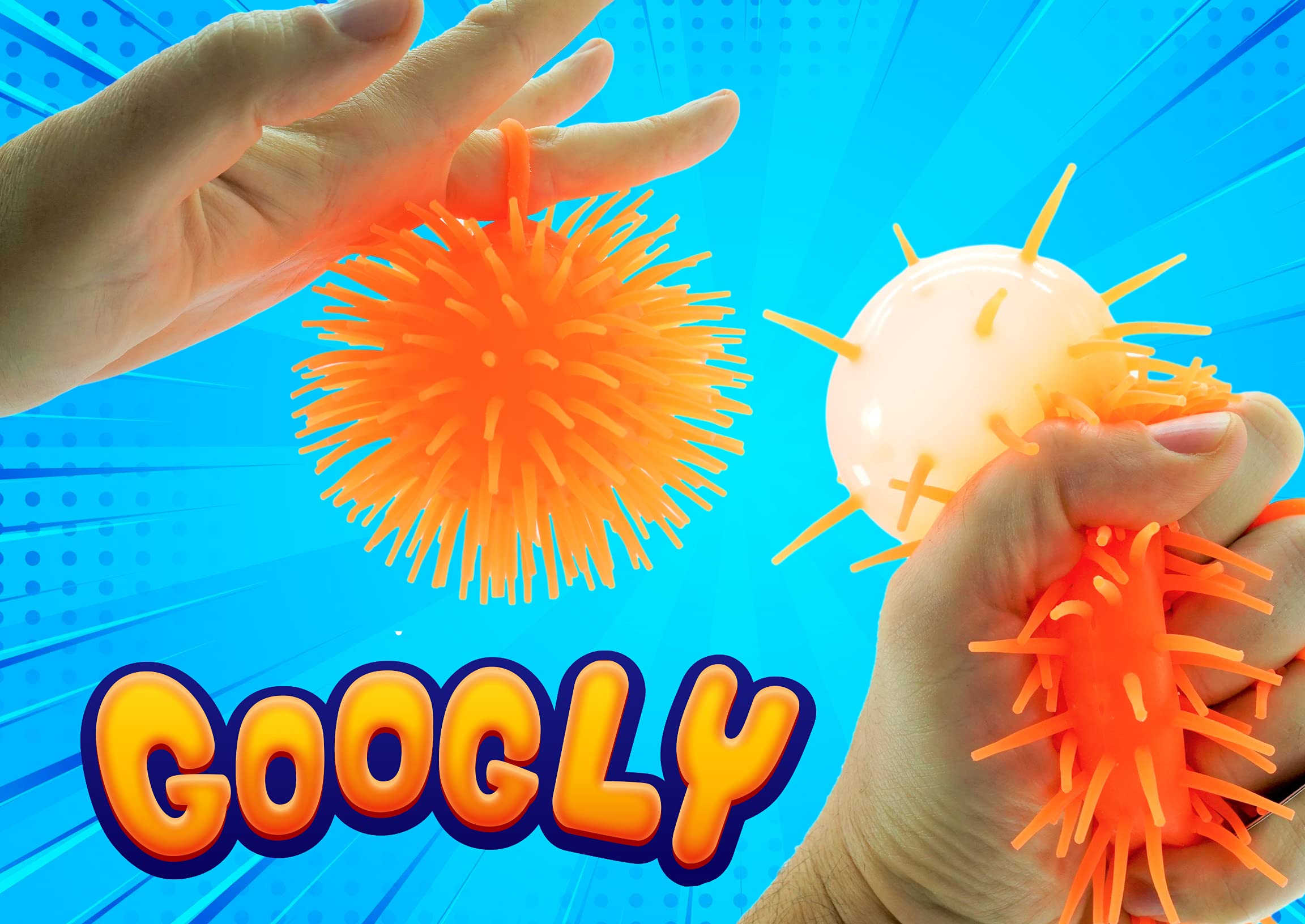 JA-RU Googly Puffer Ball 2-Pack – Stretchy Sensory Fidget Toy with Rubber Spikes and Finger Loop