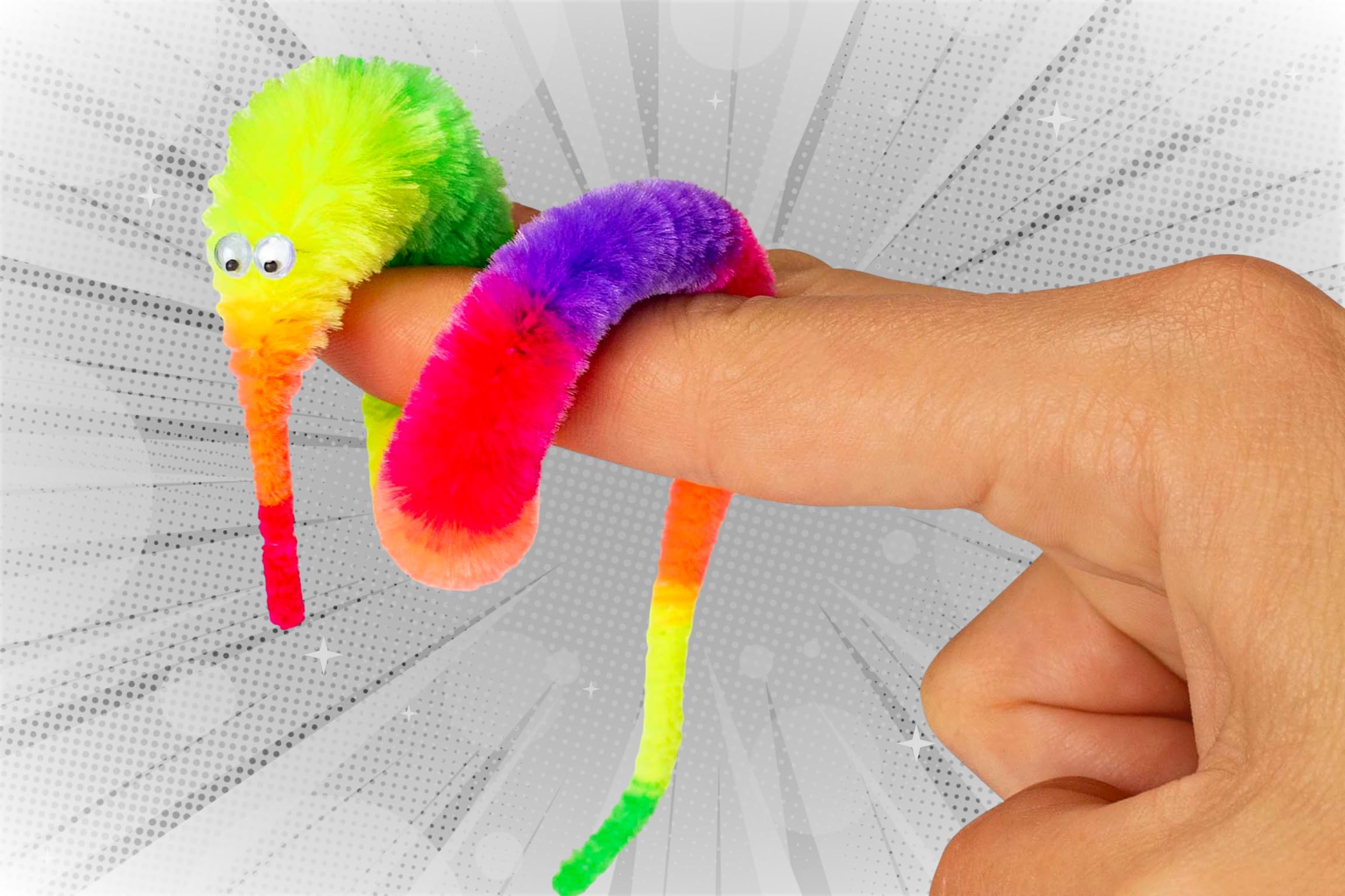 JA-RU Magic Fuzzy Worms on Strings – 4 Pack Fidget Toy for Sensory Play, Party Favors, and Pranks