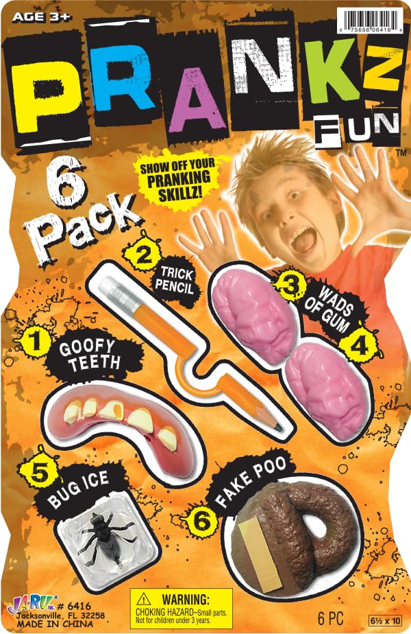 JA-RU Prank Kit for Kids – 6 Gag Toys: Goofy Teeth, Trick Pencil, Bug Ice, Fake Poo, Nail Finger, and More – April Fools Party Favor