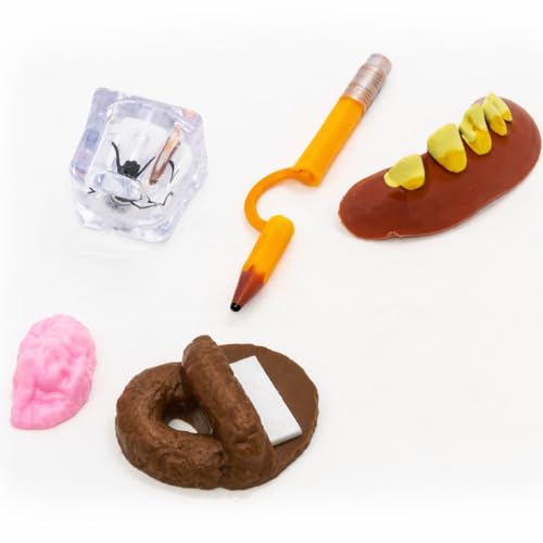 JA-RU Prank Kit for Kids – 6 Gag Toys: Goofy Teeth, Trick Pencil, Bug Ice, Fake Poo, Nail Finger, and More – April Fools Party Favor