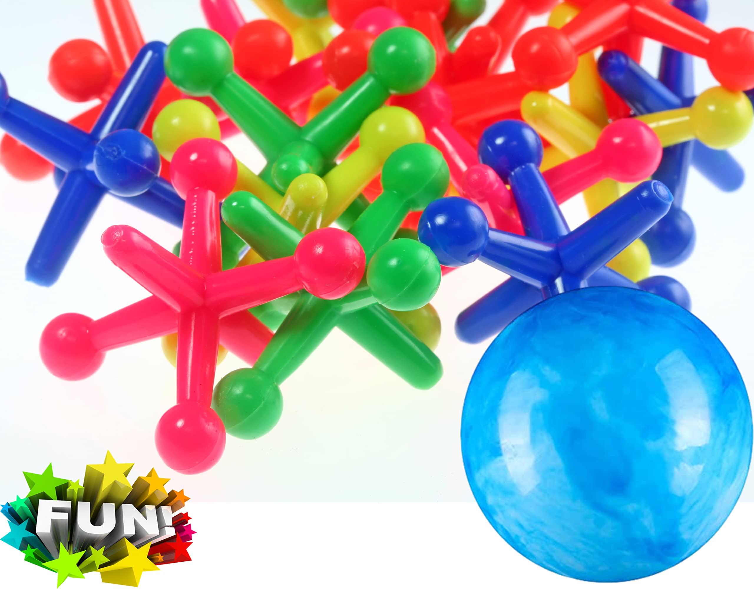 JA-RU Rainbow Jax 3-Pack: Neon Big Plastic Jacks Game with Bounce Ball for Kids & Adults