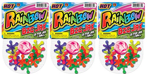 JA-RU Rainbow Jax 3-Pack: Neon Big Plastic Jacks Game with Bounce Ball for Kids & Adults