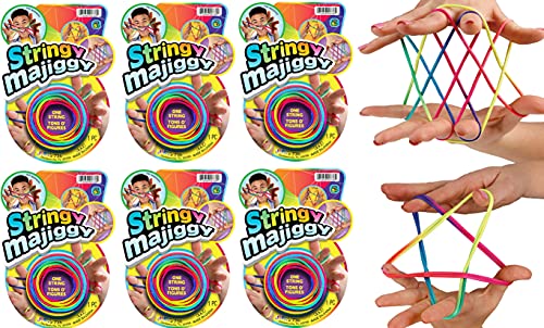 JA-RU Stringy Majiggy Cats Cradle - 6 Pack of 65-Inch Rainbow Neon String Toys with Bouncy Ball