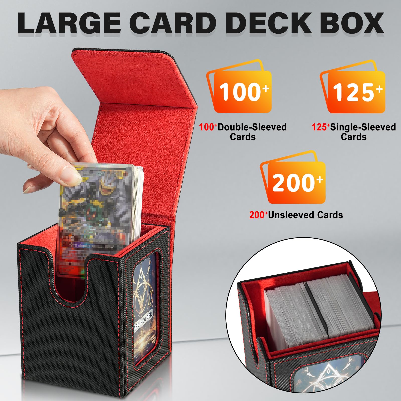 Jaffzora Magnetic Deck Box for MTG Commander – Holds 100 Double-Sleeved Cards, Black & Red