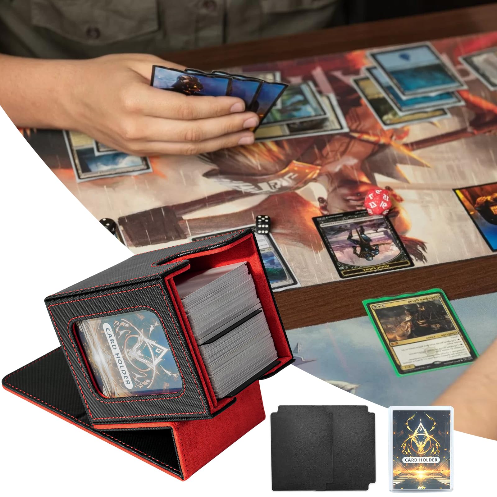 Jaffzora Magnetic Deck Box for MTG Commander – Holds 100 Double-Sleeved Cards, Black & Red