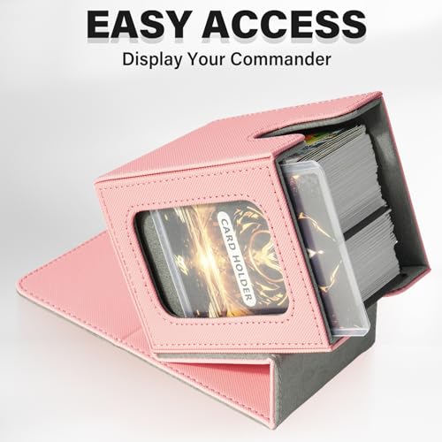 Jaffzora Magnetic Deck Box for MTG Commander – Holds 100 Double-Sleeved Cards, Pink & Gray