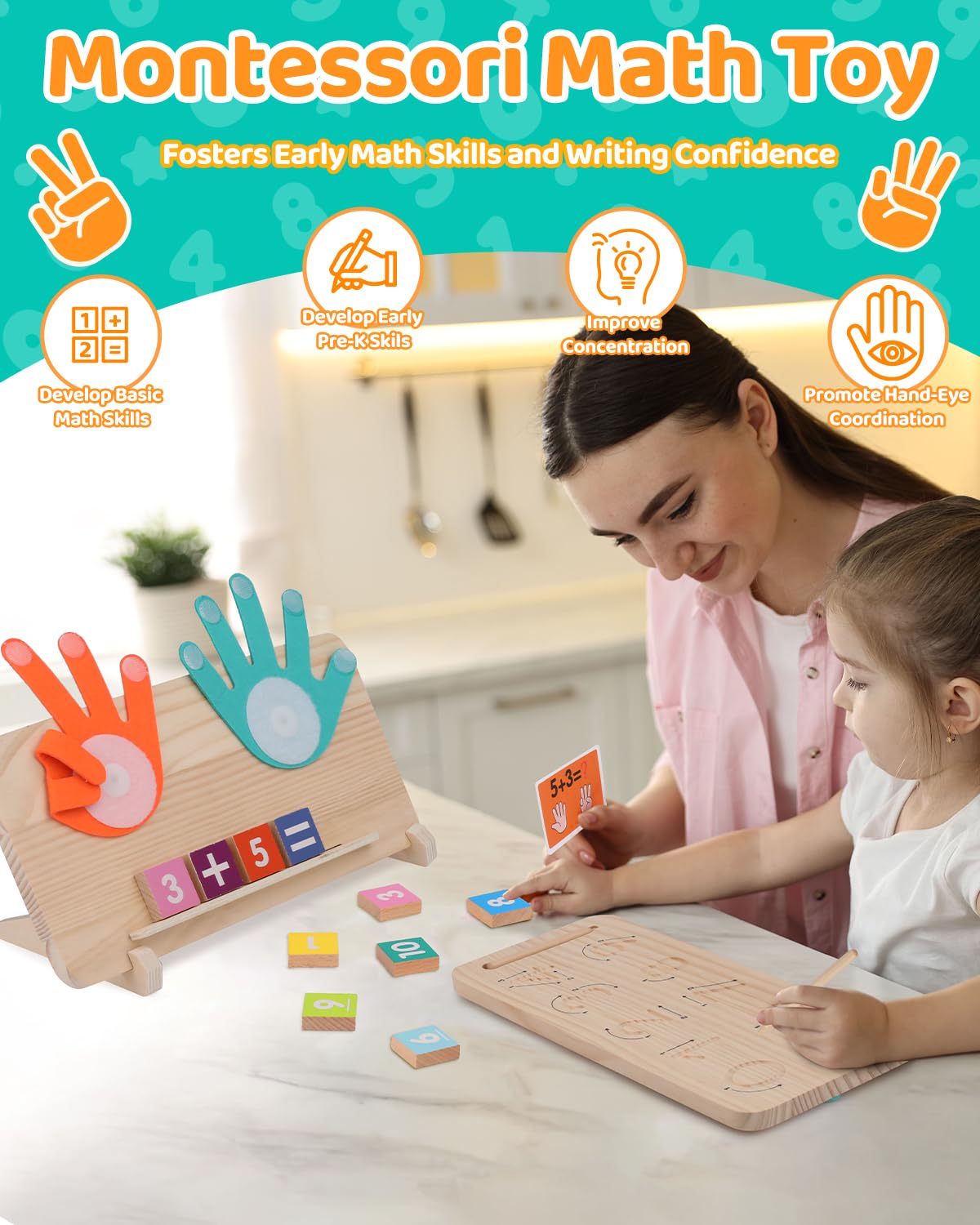 JAiiMen Double-Sided Montessori Math Board – Finger Counting & Number Tracing Toy for Toddlers 2-5