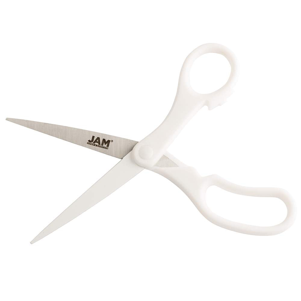 JAM PAPER 8-Inch Precision Scissors, White, Ergonomic Comfort Grip, Stainless Steel Blades – Single Pair