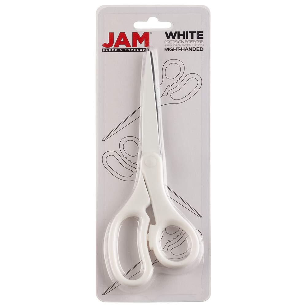 JAM PAPER 8-Inch Precision Scissors, White, Ergonomic Comfort Grip, Stainless Steel Blades – Single Pair